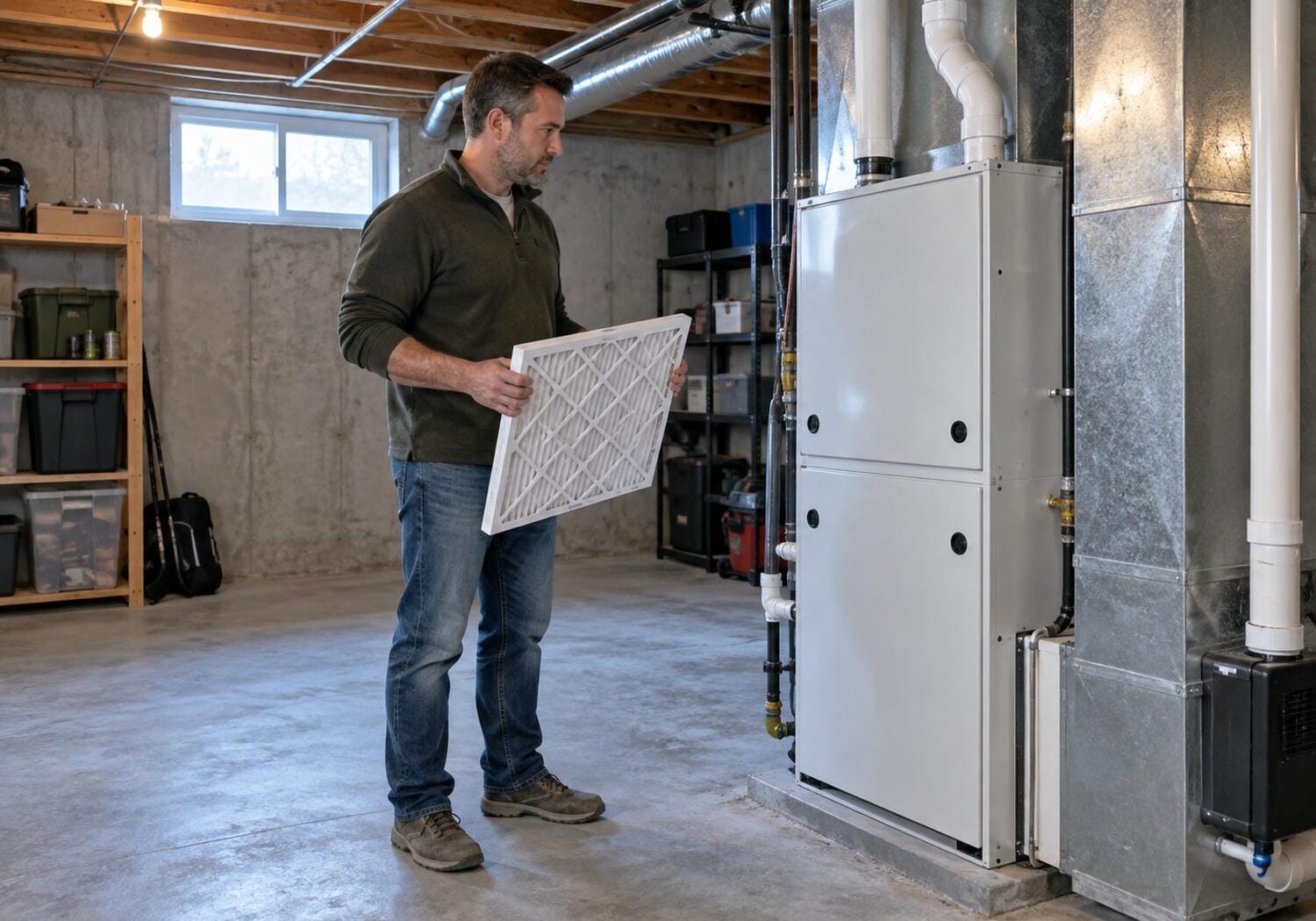 Homeowner standing beside a closed gas furnace in an Ontario basement, holding a new pleated furnace filter after the furnace stopped running.