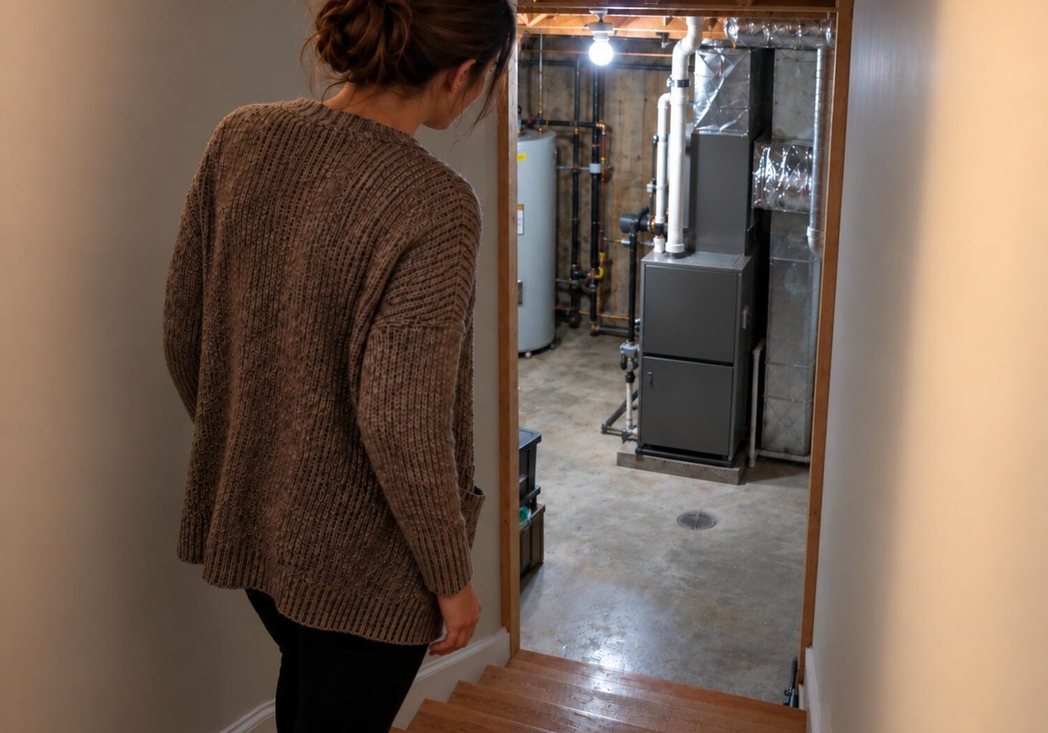 Homeowner pausing halfway down the basement stairs with her head tilted, listening to the gas furnace running below in a Kitchener-Waterloo home