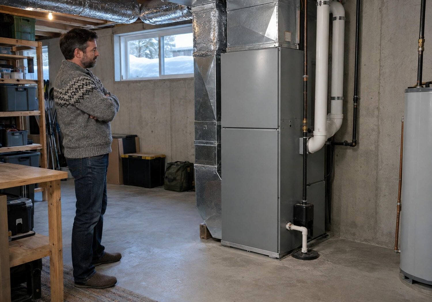 Homeowner in a wool sweater standing back from a gas furnace in an Ontario basement with snow banked against the window outside