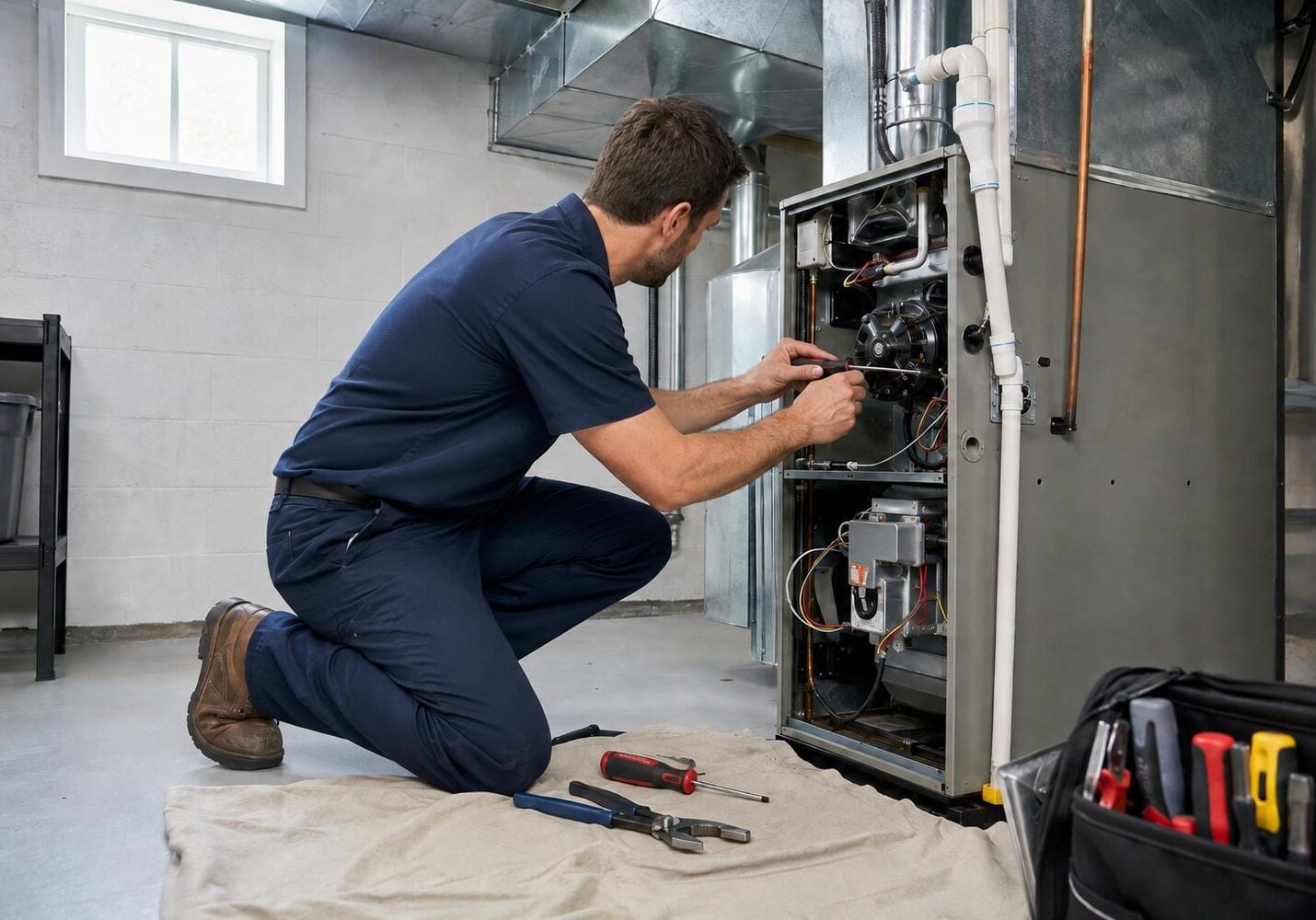 HVAC technician kneeling beside an open gas furnace during a furnace and air conditioner replacement in a Kitchener-Waterloo basement